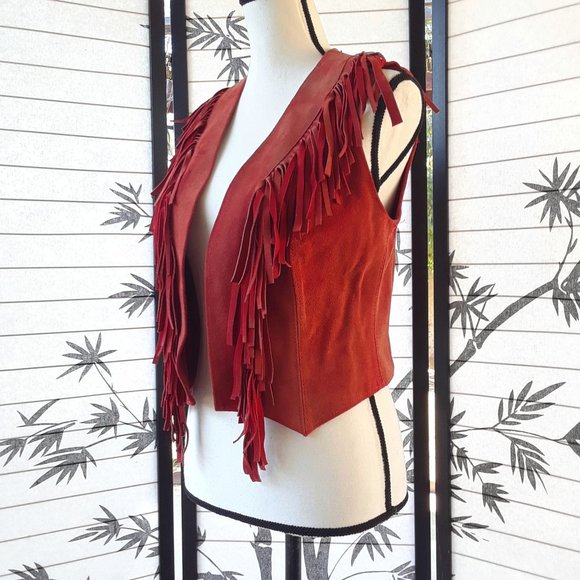 RARE Vintage 1970s Red Sun Faded Suede Fringe Vest Jacket - Picture 5 of 16